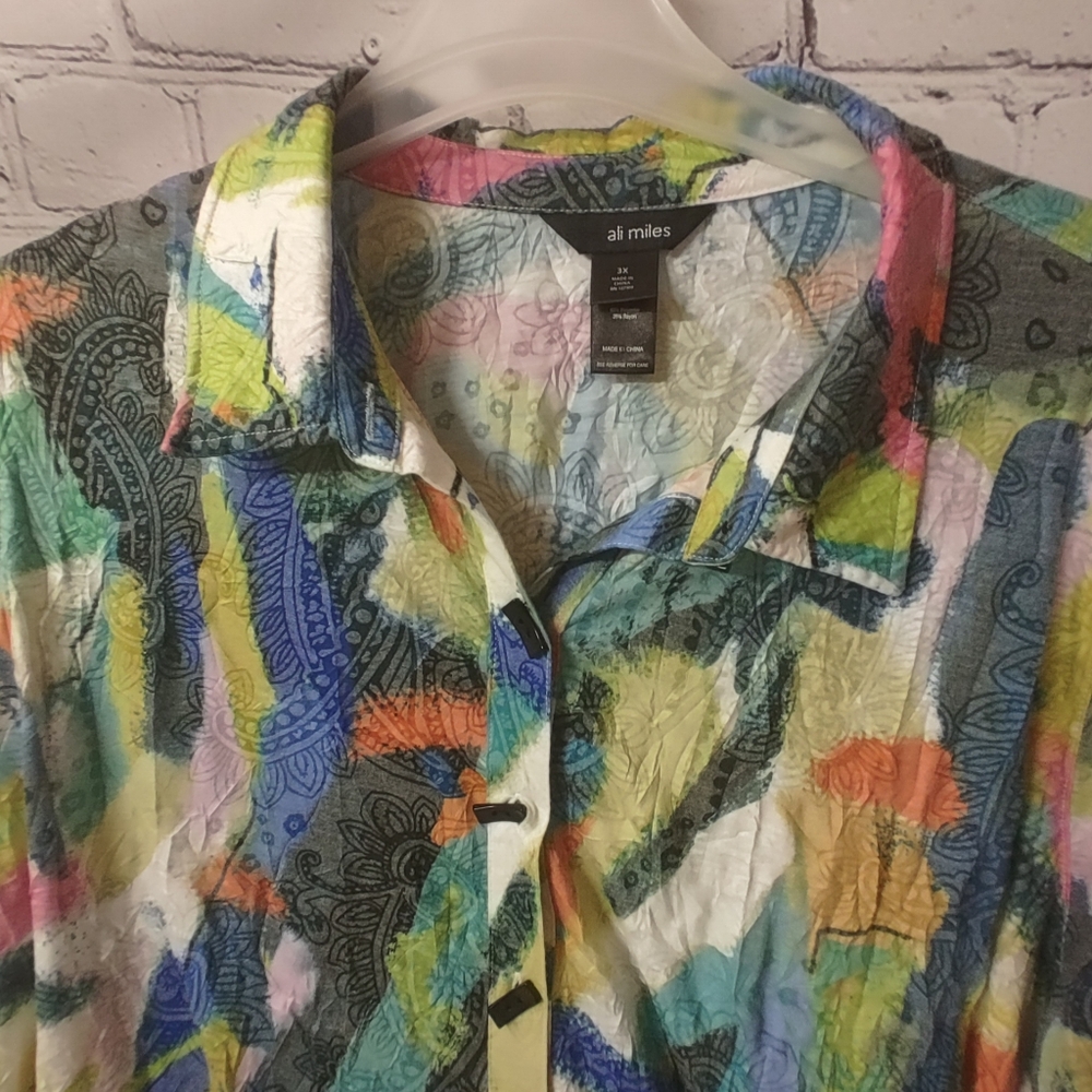 Ali Miles 3X Colorful Watercolor Ornate Button Down Blouse Artsy - Picture 5 of 14